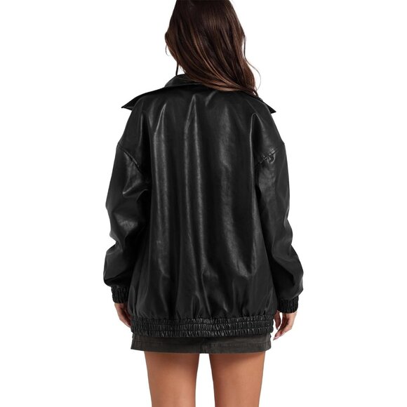 Women Black Faux Leather Oversized Motorcycle Bomber Jacket Coat - Picture 6 of 6